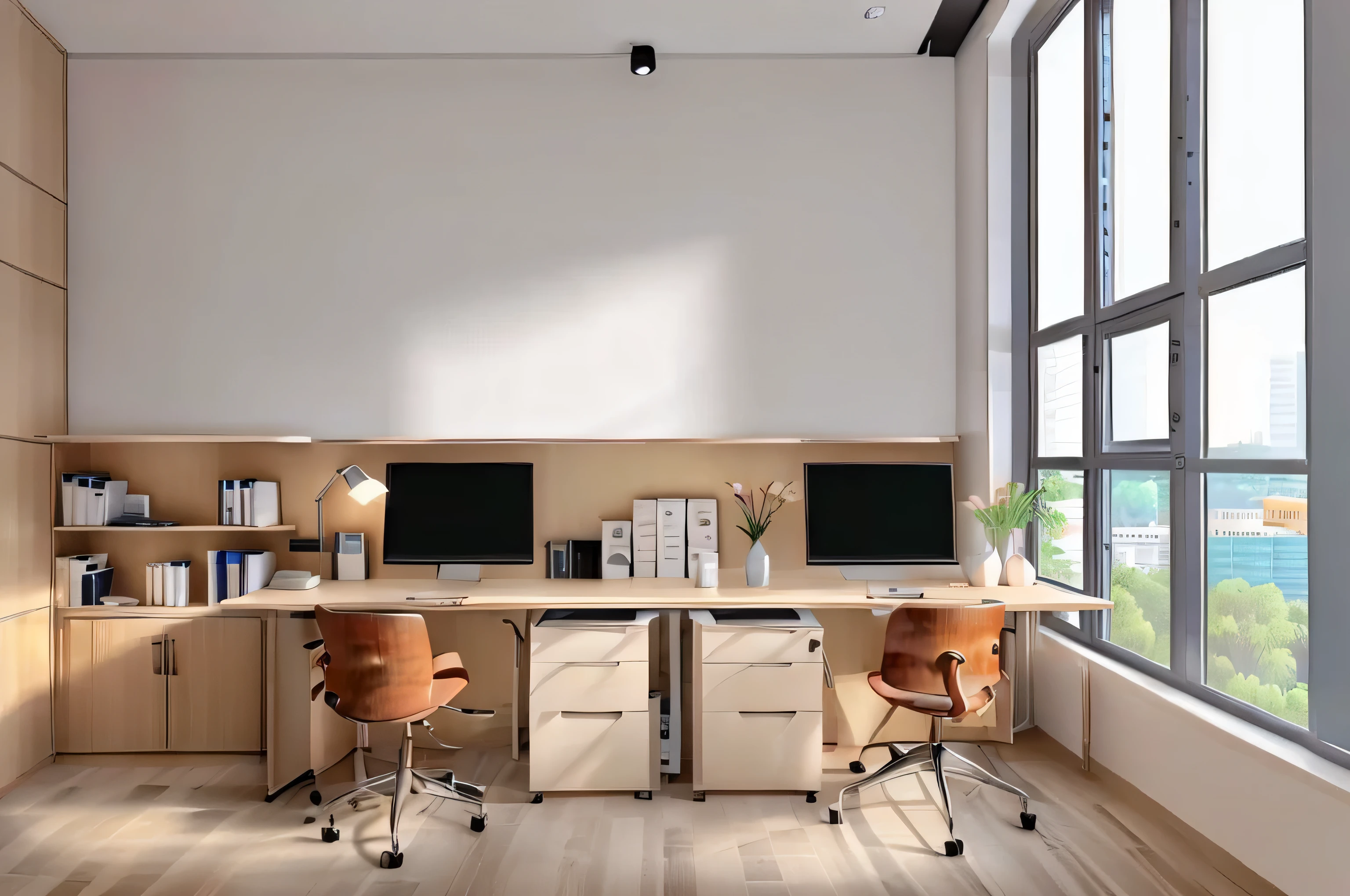 这间office的table上有两台, in an open workspace, multiple table, 现代office, office, 空荡荡的office, office背景, Professional rendering, 开发office, backrooms office space, minimalist desk, corner office背景, 简约的office, office内部, clean rendering, 立方体会议室office, table, office furniture