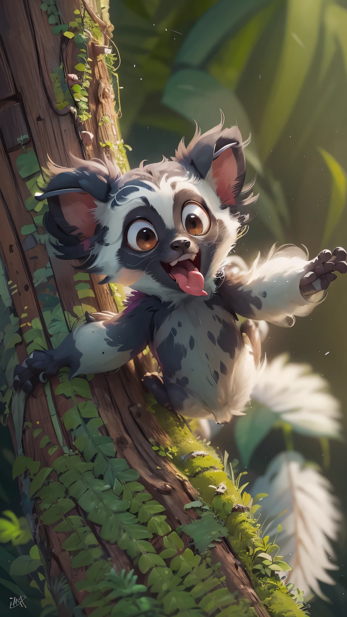 Front view of a cute lemur jumping out of a tree hole,It opens its mouth,close up, Pixar style, best quality, stills, very cute, big eyes, Birds and flowers around, Rainforest,Very happy,high details, high quality, masterpiece, ccurate, super detail,