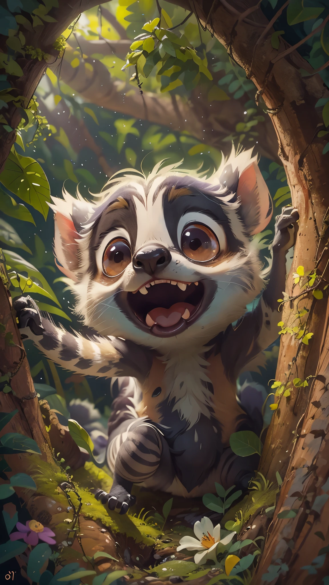 Front view of a cute lemur jumping out of a tree hole,It opens its mouth,close up, Pixar style, best quality, stills, very cute, big eyes, Birds and flowers around, Rainforest,Very happy,high details, high quality, masterpiece, ccurate, super detail,