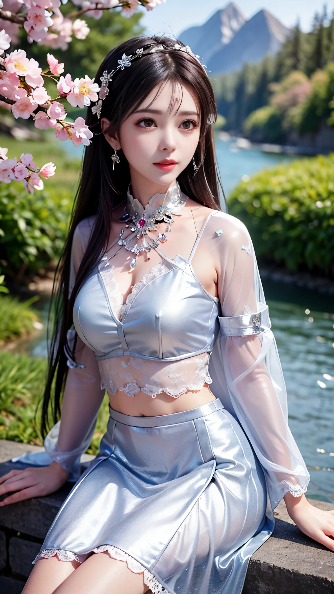 8K, ultra hd, masterpiece, 1 girl, very long hair, detailed eyes, glossy lips, ((silver clothes)), (translucent silver lace:1.5), skirt, (jewellery:1.5), ray tracing, ((mountain)), river, morning, cherry blossom leaf falling, sitting, 