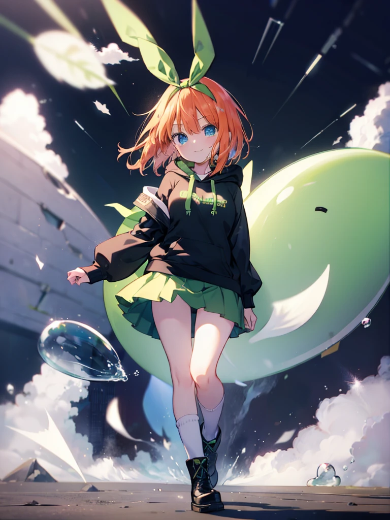 masterpiece, highest quality, highest quality, 1 girl, Yotsuba, (smile), (Green Ribbon), green long hoodie,white mini skirt,White knee-high socks,Black short boots,In town,walking，Inflating bubble gum with your mouth