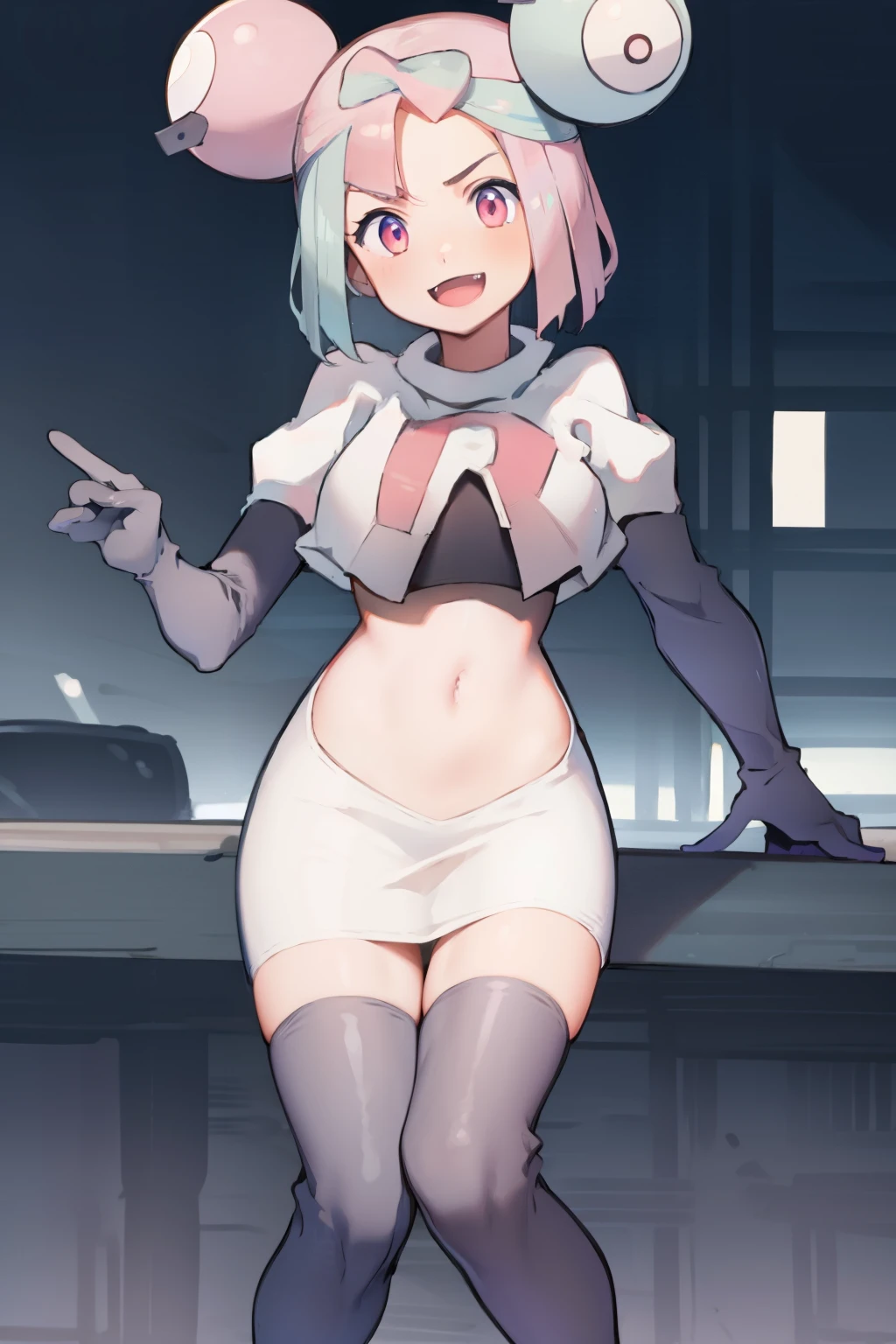 iono,1 girl,pink eyes,solo,smile,open mouth,fangs ,team rocket,team rocket uniform,white skirt,red letter R,crop top,black thigh-highs,black elbow gloves,