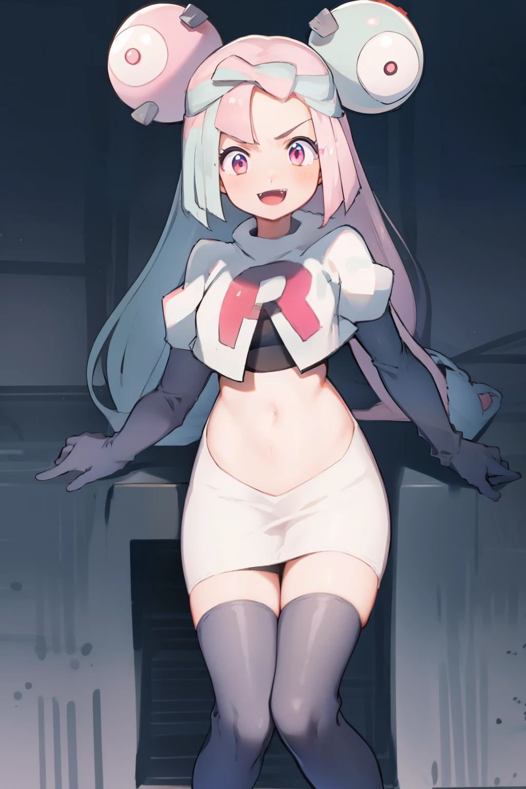 iono,1 girl,pink eyes,solo,smile,open mouth,fangs ,team rocket,team rocket uniform,white skirt,red letter R,crop top,black thigh-highs,black elbow gloves,