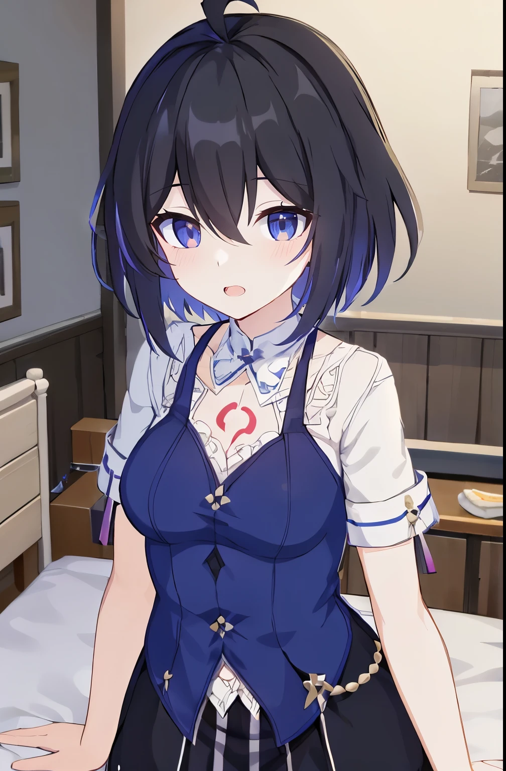 1 girl, best quality, ultra high res, ahoge, Seele Vollerei, medium breast, smile, small body, open mouth, azure clothes, short sleeves, bedroom, white bed sheets, pov, chest  tattoo, upper body, looking at viewers, looking you, blue eyes, black hair, blue hair,