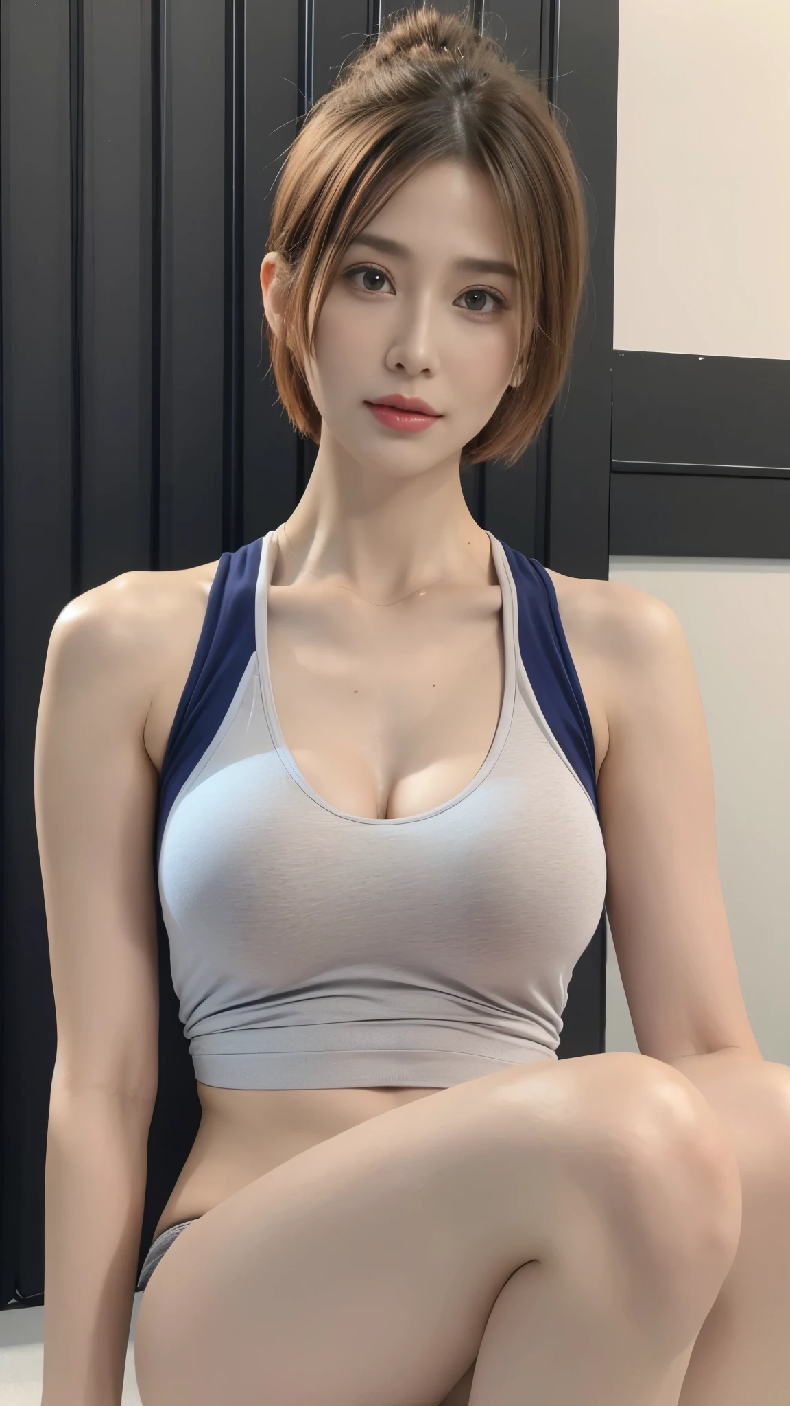 Highly detailed CG Unity 8k wallpaper, of the highest quality, masutepiece, Realistic, photographrealistic, Highly detailed beautiful woman, 42 year old,((Bery short hair))、(((Large breasts)))、cleavage , (get sweaty) , Round eyes, ((You can see the shape of the nipple through the clothes))、Realistic female hands、viewer, blush, Smile, ((Tall pretty woman))、Parted lips, full body photographed , Tank top , Lewd sportswear ,((Muscle training))、 squatt, (((Thin sportswear)))、sports gym、erect through、Muchimuchi