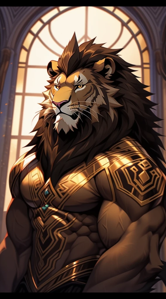 Anthro furry lion, the king of the jungle, in the style of dark academia, elegantly formal, majestic, royalty, rich, handsome, serious expression, muscular, stout, anime art, devilcore, cabincore, gigantic scale, rtx on