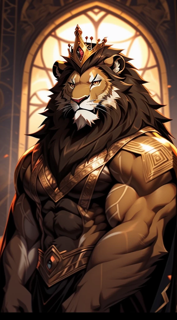 Anthro furry lion, the king of the jungle, in the style of dark academia, elegantly formal, majestic, royalty, rich, handsome, serious expression, muscular, stout, anime art, devilcore, cabincore, gigantic scale, rtx on