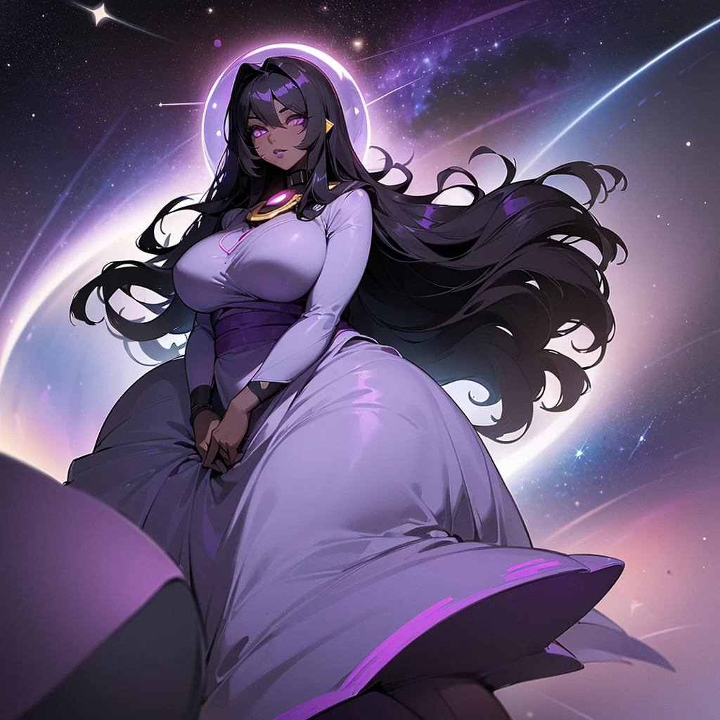 (((Alone Woman))),(((Black skin))),(((Long Black hair))),(((purple and serene eyes))),((thick lips)),(curvy body),(((Being in outer space surrounded by stars))),(((wearing a long beautiful dress)))
