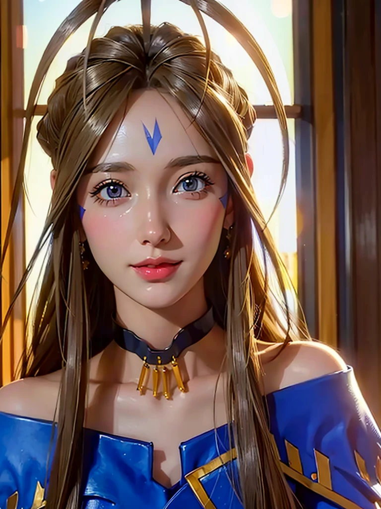 (masterpiece, best quality:1.4), (close up), 1girl, solo, (european youth:1), Belldandy, Belldandy_Blue_Dress, goddess face symbols, beautifull smile, beautiful face, highly detailed face, highly detailed eyes, full beautiful body, highly detailed body, realistic body detailed, highly detailed skin, skin pores, subsurface scattering, realistic pupils, full face blush, full lips, detailed background, depth of field, volumetric lighting, sharp focus, absurdres, realistic proportions, good anatomy, (realistic, hyperrealistic:1.4), 16k hdr,