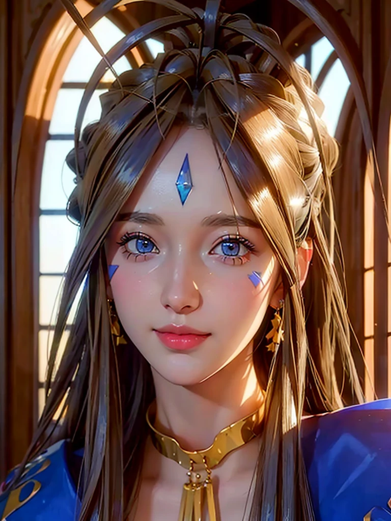 (masterpiece, best quality:1.4), (close up), 1girl, solo, (european youth:1), Belldandy, Belldandy_Blue_Dress, goddess face symbols, beautifull smile, beautiful face, highly detailed face, highly detailed eyes, full beautiful body, highly detailed body, realistic body detailed, highly detailed skin, skin pores, subsurface scattering, realistic pupils, full face blush, full lips, detailed background, depth of field, volumetric lighting, sharp focus, absurdres, realistic proportions, good anatomy, (realistic, hyperrealistic:1.4), 16k hdr,