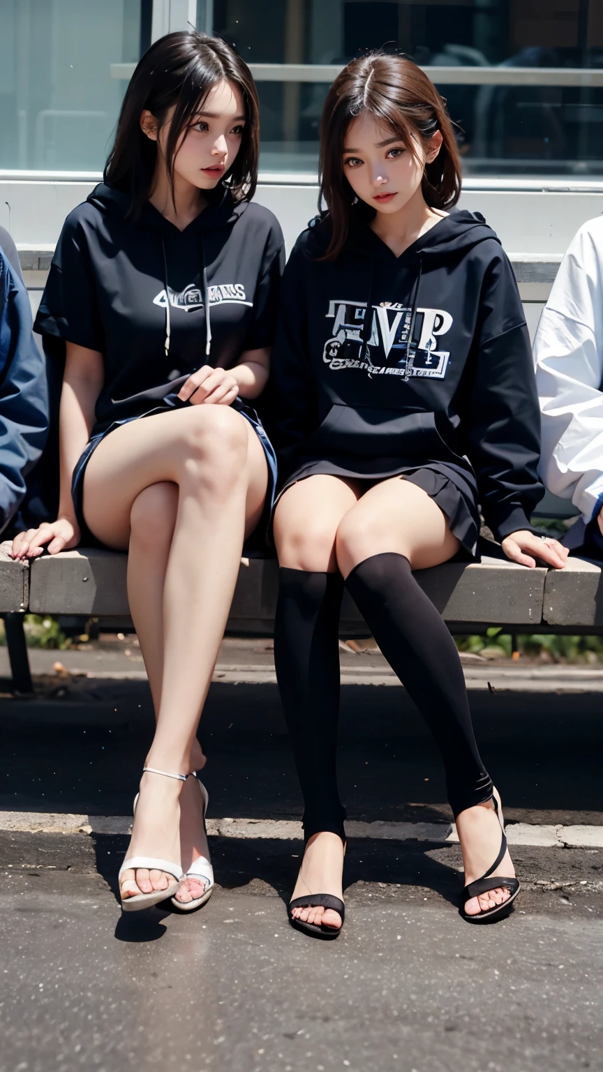 Supermodel、perfect details、hoodie、、Three girls stare at the screen 3 girls、、Thighhighs、beautiful feet、mini skirt