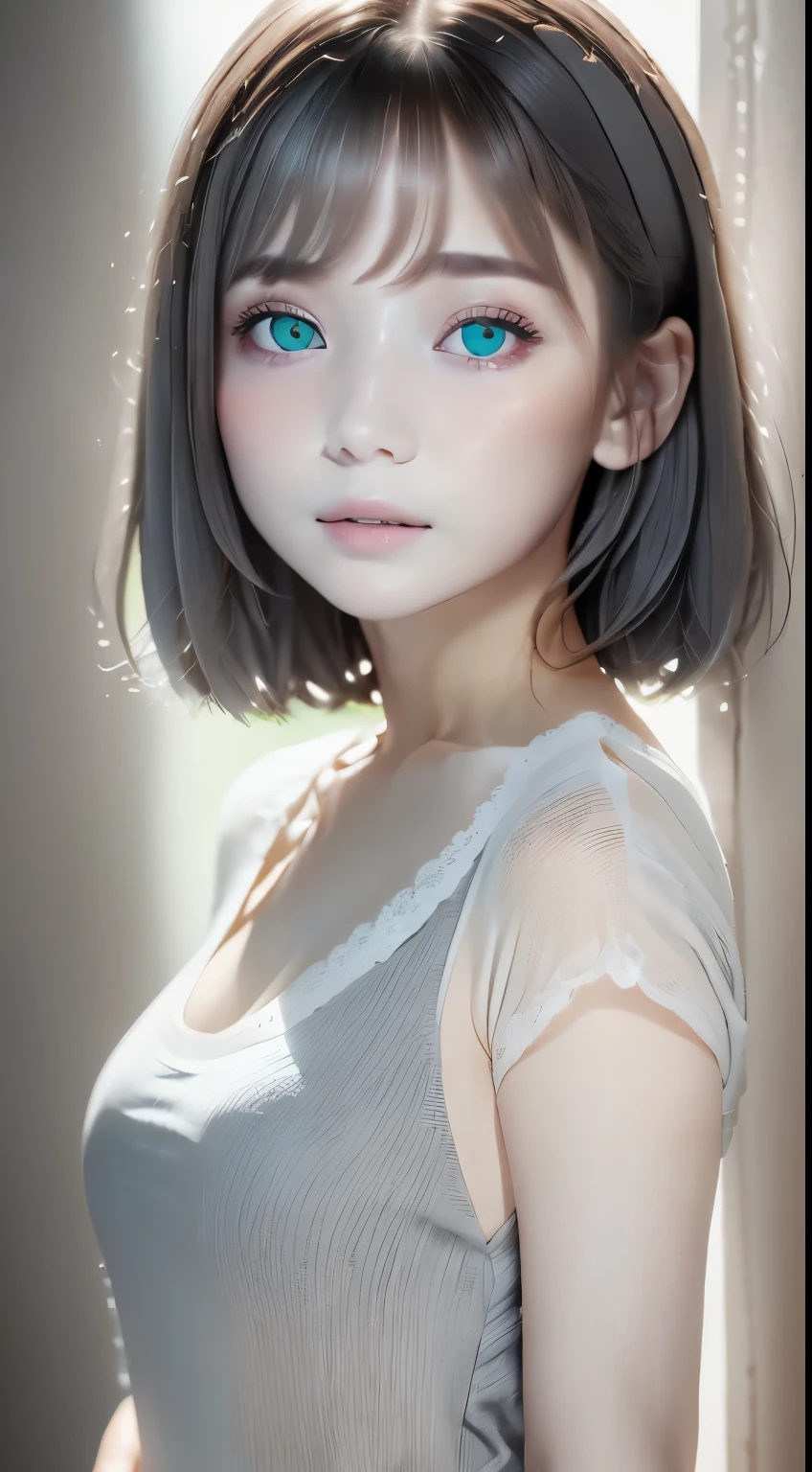 portrait、masterpiece:1.3、one girl、baby face、natural look、very cute、Pale turquoise eyes、ash gray hair、very short bangs、short bob、plump lips、no makeup、luxury shirt with lace、black shirt、最high quality、High resolution、Super detailed、high quality、Detailed details、８ｋ、(((blurred background、natural color walls、grey、White world、studio:1.5、cinematic lighting、professional photographer)))