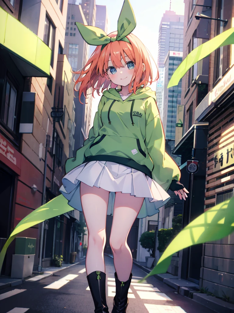 masterpiece, highest quality, highest quality, 1 girl, Yotsuba, (smile), (Green Ribbon), green long hoodie,white mini skirt,white knee high socks,black short boots,city,walk