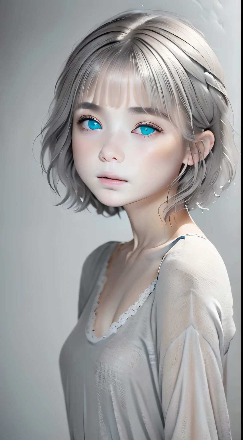 (Masterpiece,Realistic, Best quality:1.4), Excited 25-year-old woman, pokies,She pointed to the right-hand side, wavy short cut hair, ((Mix powder blue hair)), Flowing hair blown up by the wind, Solo, White gloves, mitts, view the viewer, Lovely eyes, Short hair,jewelry, Detailed face and eyes, Delicate and beautiful face,after sexing_Body, Tyndall effect,Photorealistic, Dark Studio, rim lit, twotonelighting,(highdetailskin:1.2), 8K  UHD, Digital SLR, Soft lighting, High quality, voluminetric lighting, candid, photographed, high resolution, 4K, 8K