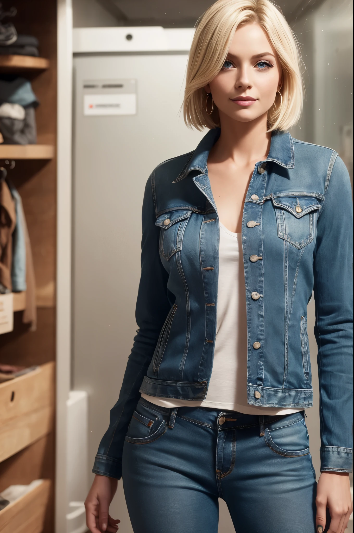 1girl, solo, android 18, blonde hair, blue eyes, short hair, jewelry, earrings, smile, jacket, looking to the side, denim, denim jacket, upper body, lingerie, closed mouth, cloud, sky, day, looking away, blue sky, collarbone,
