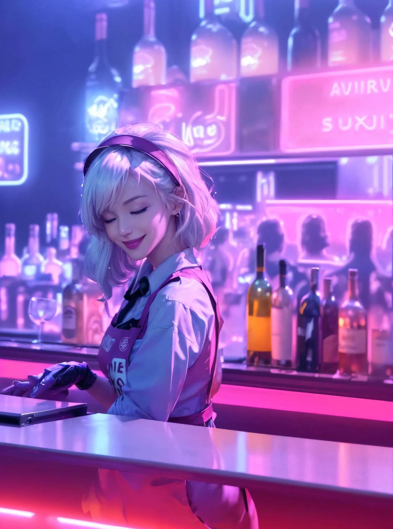 White-haired woman, bartender, holding a wine glass in her hand, (((eyes closed and smiling))), ((white apron)), white shirt, bartender standing at the bar, network attire, black apron, beautiful face, Bartending, Internet cafes, bar counters, colorful neon lights, luminous neon lights, pink and purple, wine bottles, wine cabinets, round stools, high stools, mechanical structures, metal machinery, bar counters, light strips, ((synthwave background theme, detailed background: 1.25)), (((Night, beautiful light decoration, detailed architecture)))), (Best quality, high resolution, sharp focus, super detailed, extremely detailed, extremely high quality artwork, (realistic , photo grade: 1.37), 8k_wallpaper, (extremely detailed CG 8k), (extremely detailed 8K CG), (super super super detailed perfect work))), flawless, (((Masterpiece))), illustration, Vibrant Color, (Complex), High Contrast, Selective Lighting, Double Exposure, HDR (High Dynamic Range), Post-Processing, Background Blur, Color, (Complex), High Contrast, Selective Lighting, Double Exposure, HDR (High dynamic range), post-processing, background blur,