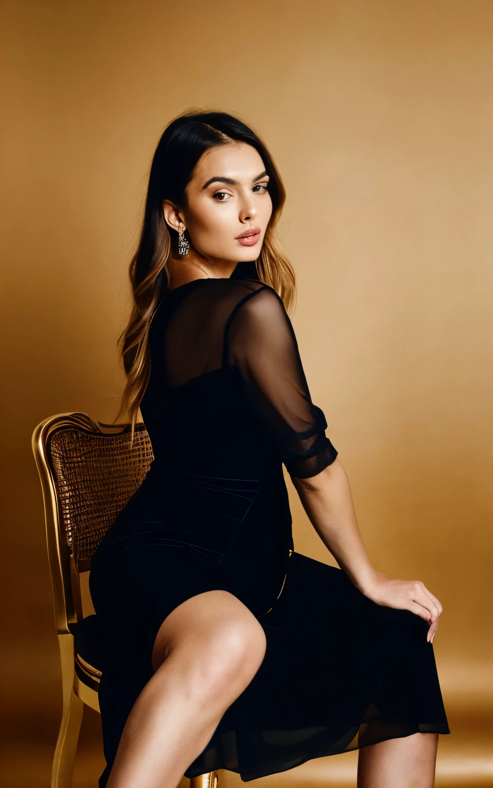 araffe woman in black dress sitting on a chair with a gold background, a portrait by Emma Andijewska, trending on cg society, baroque, flowing black gown, black gown, editorial fashion photography, high - end fashion photoshoot, elegant lady, an elegant woman in black dress, translucent dress, wearing organza gown, stunning elegant pose, olga buzova