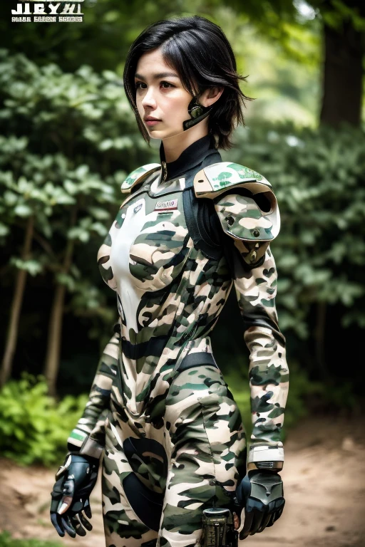 Extremely detailed CG unity 32K wallpaper, top quality, masterpiece, raw photo, photorealistic, highest resolution, professional photo, dynamic, cinematic lighting, (cyberpunk:1.4), sharp focus, depth of field, (perfect body, correct anatomy:1.5), intricately detailed face, POV, (from front:1.3), 1 girl, (female soldier:1.4), Japanese woman, solo, cowboy shot, black hair, very short hair, ultra-realistic skin, (round and slim outline of the face:1.3), (innocent face:1.1), ((narrow and dark eyes:1.2)), beautiful nose and lips, ((tall nose:1.3)), expressionless, (combat uniform:1.5), ((camouflaged, exoskeleton of powered suit:1.5)), (mechanical body armor:1.4), (((2 big and long cannons on the girl’s shoulder:1.4))), ((perfect body proportion:1.4)), slender, beautiful breast, (((in military operation:1.5))), (((outdoor, forest, daytime:1.3)))