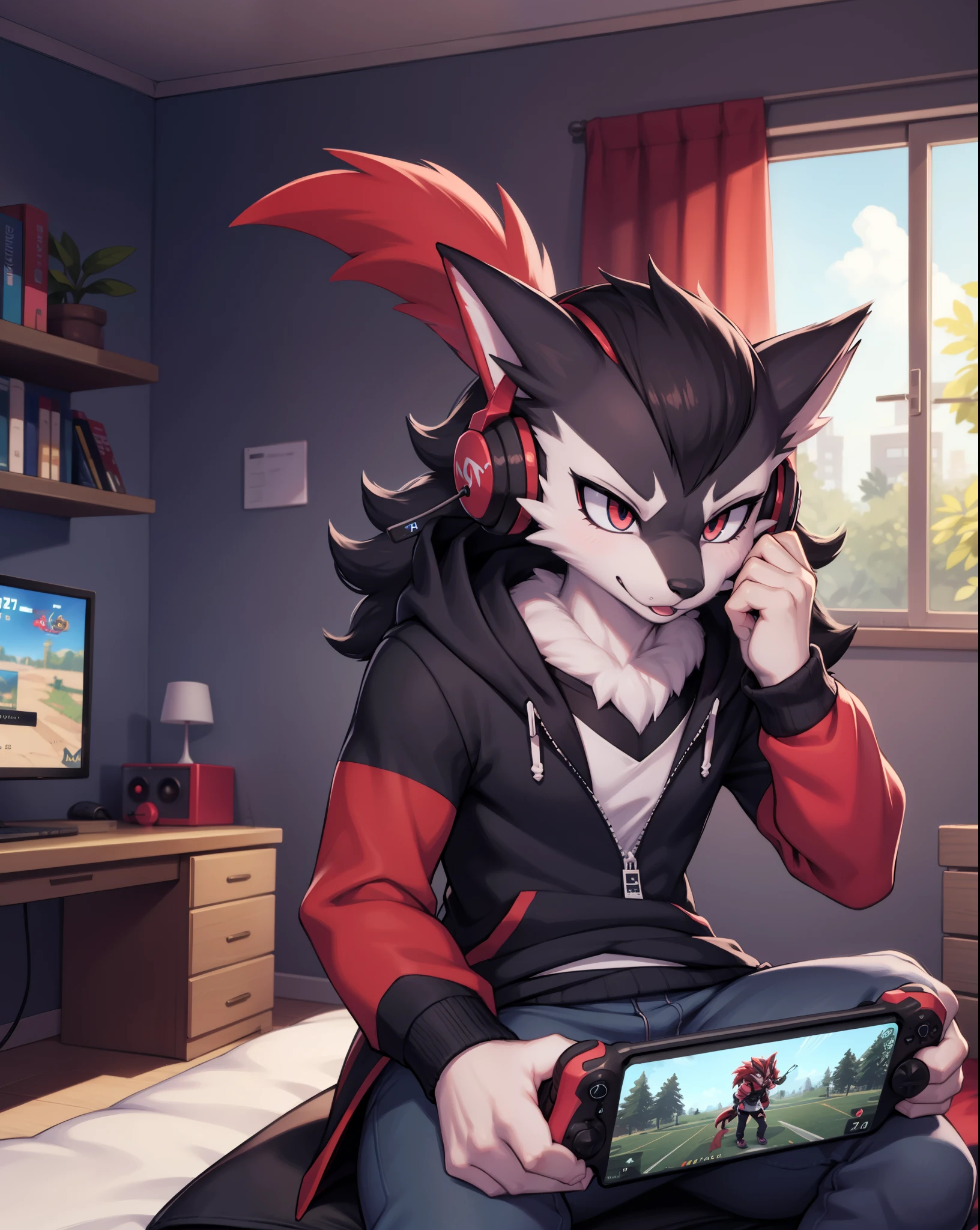 Sfw, highly detailed, Male, pokemon zoroark, gaming in room, wearing gamer clothes and headphones