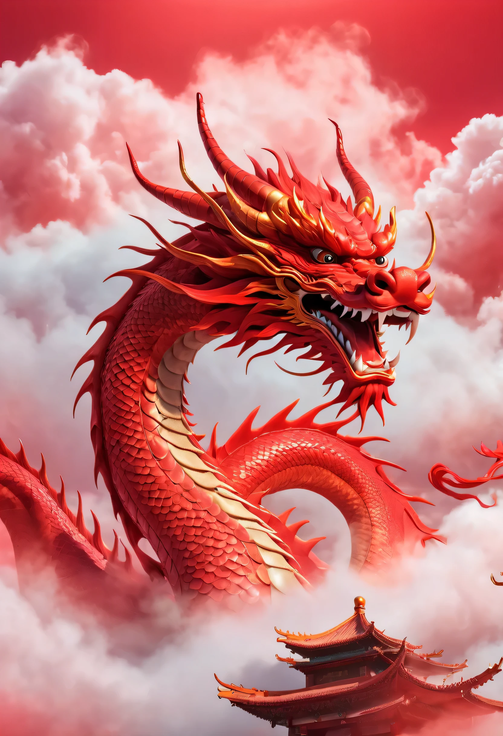 Chinese mythology movie posters, Chinese red dragon, Vibrant style, red gradient background, clouds and mist fantastic details, HD, Cinematic poster, Osareki, 超HD图像, Maggie Smo, photographed, Surreal, incredible, fantastic, 3d rendering,8k