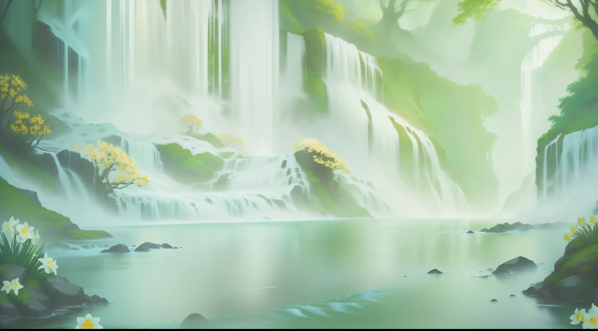 Surrounded by daffodils, white flowers, daffodils, waterfall background, river with waterfalls in the distance, Chinese romance, floating waterfalls, anime background art, waterfalls 2D game art background, waterfalls, forests and waterfalls, ambient paintings, waterfalls in the background, waterfalls, mist, waterfalls,