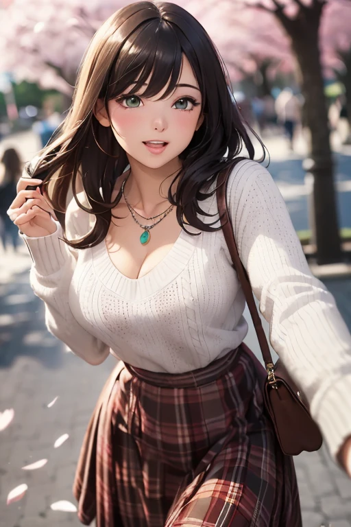 ((on the table, best quality, high resolution, north african free trade area, pixel perfect, depth of field, 4K, north african free trade area, north african trade zone))), 1 girl in, single, alone, beautiful anime girl, beautiful art style, anime characters, ((long hair, Bangs, brown hair)), ((green eyes:1.4, round eyes, beautiful eyelashes, realistic eyes)), ((Detailed face, blush:1.2)), ((smooth texture:0.75, lifelike质感:0.65, lifelike:1.1, Anime CG style)), ((big breasts, split, plump)), dynamic angle, Perfect body, ((Throw, Selfie pose, portrait)), ((white sweater, long sleeves, black skirt, Plaid skirt, fashionable, 1 handbag, 1 diamond necklace)), Smile, open mouth, amusement park, ((Cherry tree, The cherry blossoms have fallen))
