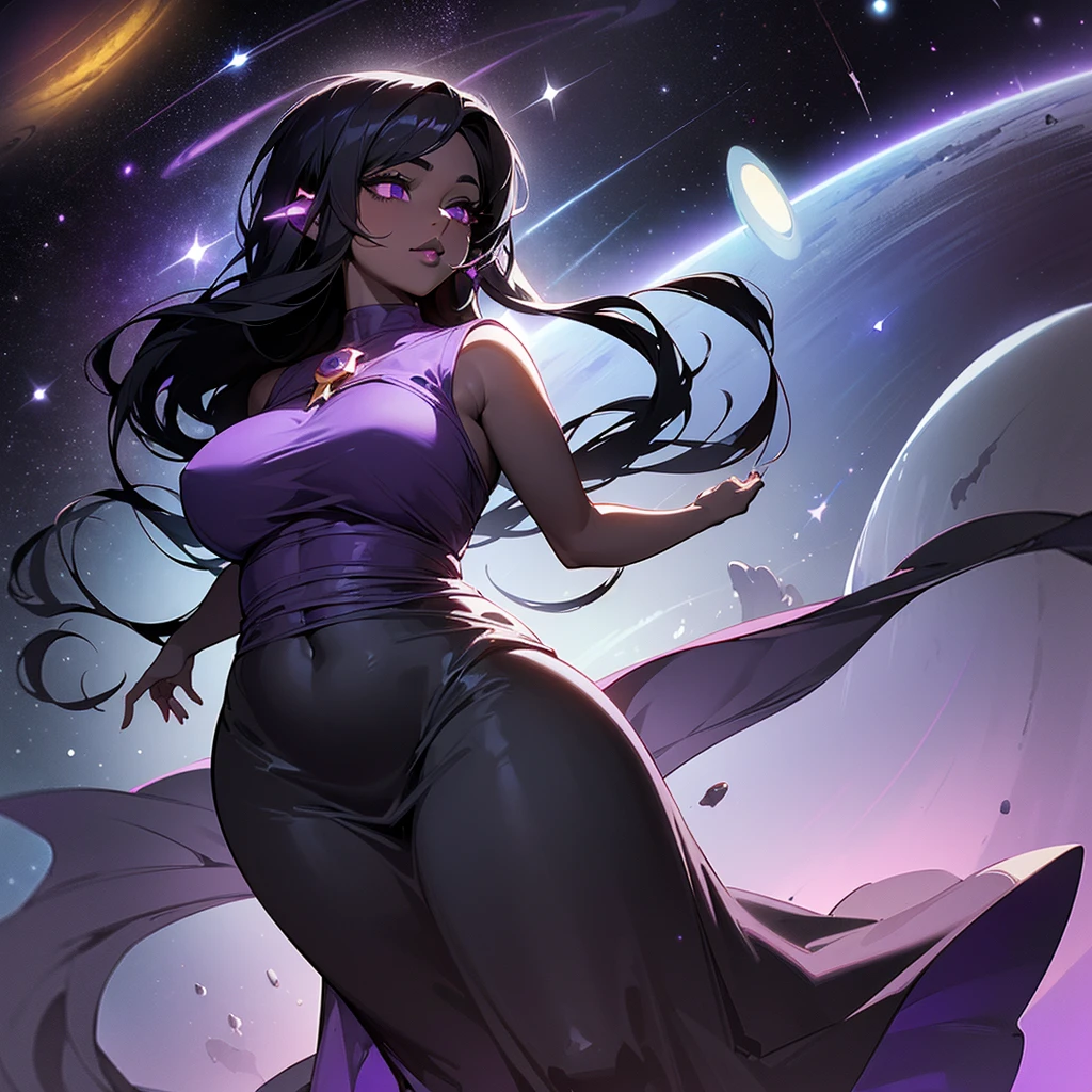 (((Alone Woman))),(((Black skin))),(((Long Black hair))),(((purple and serene eyes))),((thick lips)),(curvy body),(((Being in outer space surrounded by stars))),(((wearing a long beautiful dress)))