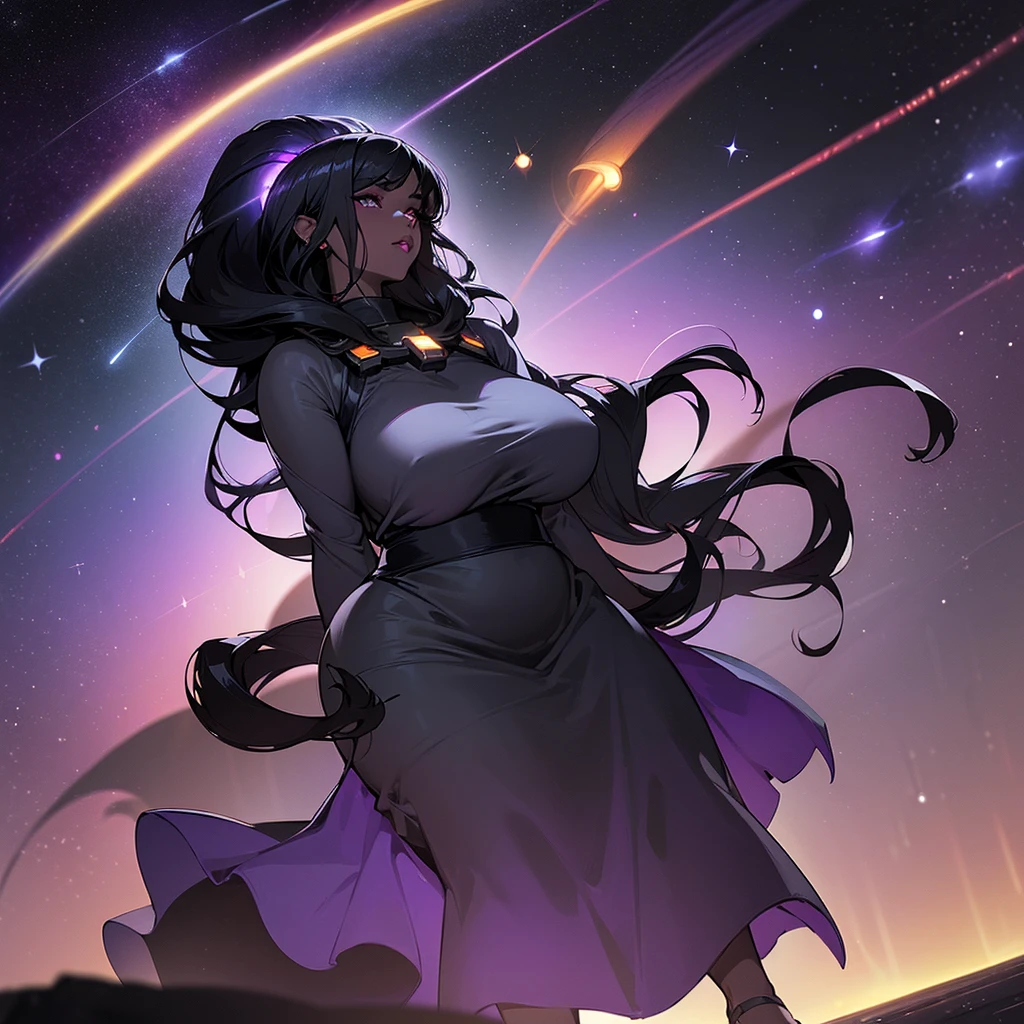 (((Alone Woman))),(((Black skin))),(((Black hair))),(((purple and serene eyes))),((thick lips)),(((thin waist, full breasts and thighs))),(((Being in outer space surrounded by stars))),(((wearing a long beautiful dress)))