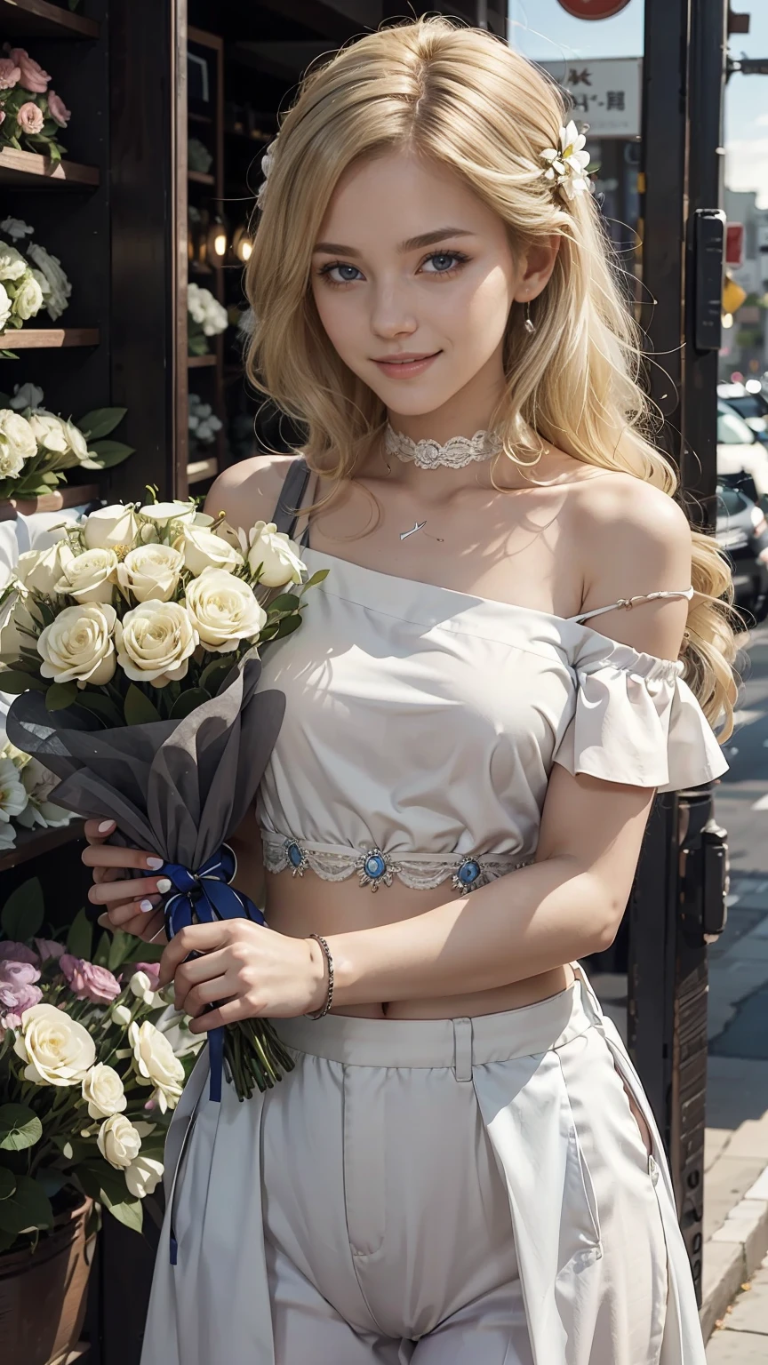 22 year old white female、hair color is blonde、eye color is blue、long hair、Tying up your hair、accessories on wrist、I&#39;m wearing a choker、skin is smooth、smile、Slender but muscular body、My heart is pounding、high resolution、She is wearing a one-shoulder lace top.、I'm wearing pants、I&#39;m wearing pumps、There is a flower shop where the flowers are in full bloom.、holding a big bouquet of flowers