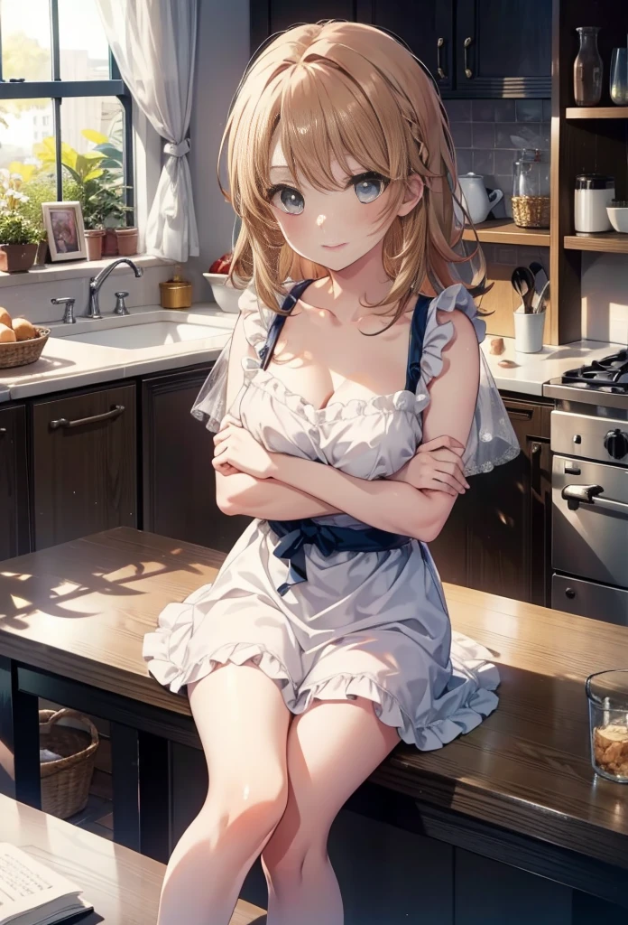 table top, high quality, 最high quality, High resolution, 4K, High resolution, 美しいillumination,highly detailed face, well drawn hand, beautifully drawn legs,well drawn feet,well drawn eyes,1 girl, Iroha, brown hair, long haired person,naked apron,Cross your arms to create cleavage,barefoot、kitchen,blush,smile,illumination(bright)
