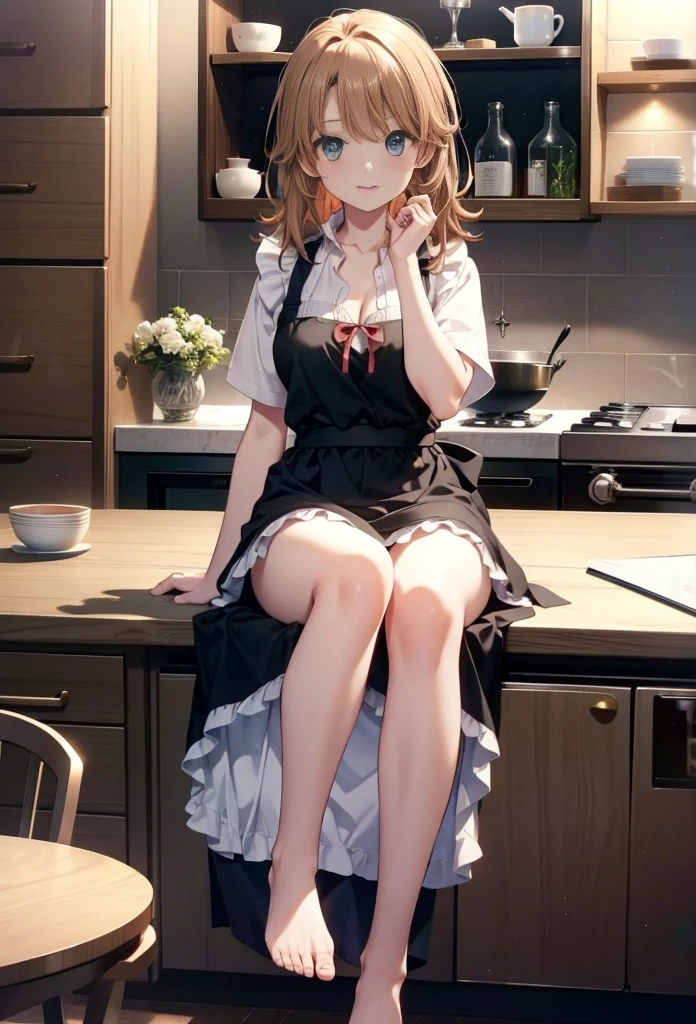table top, high quality, 最high quality, High resolution, 4K, High resolution, 美しいillumination,highly detailed face, well drawn hand, beautifully drawn legs,well drawn feet,well drawn eyes,1 girl, Iroha, brown hair, long haired person,naked apron,Cross your arms to create cleavage,barefoot、kitchen,blush,smile,illumination(bright)