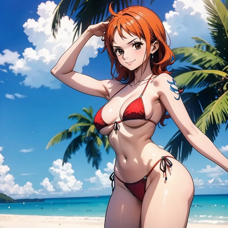 Girl with red hair and blue micro ??????,sentada na areia com uma pose ????