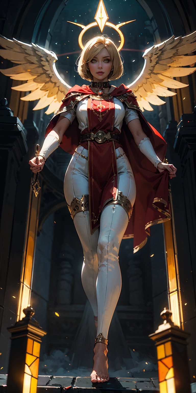 low angle, from below, paladin templar lady in white tabard, legwear, glowing yellow eyes, collar, golden chainmail, wide hips, barefoot, angel wings, pauldrons, halo, bob cut, blonde, eye focus, red cape, temple indoors, decorations, stained glass windows, night, particles, chromatic aberration, detailed, cinematic, dark scene, fantasy