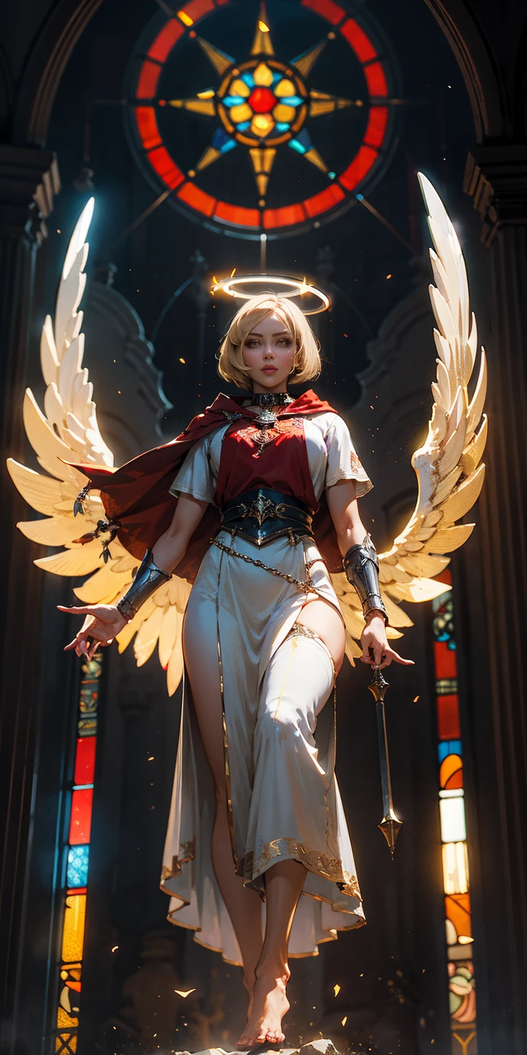 low angle, from below, paladin templar lady in white tabard, legwear, glowing yellow eyes, collar, golden chainmail, wide hips, barefoot, angel wings, pauldrons, halo, bob cut, blonde, eye focus, red cape, temple indoors, decorations, stained glass windows, night, particles, chromatic aberration, detailed, cinematic, dark scene, fantasy