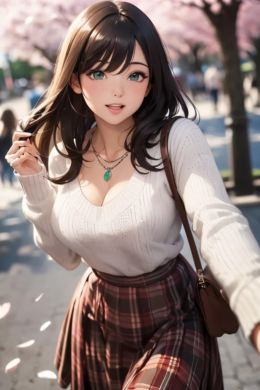 ((on the table, best quality, high resolution, north african free trade area, pixel perfect, depth of field, 4K, north african trade zone, north african trade zone))), 1 girl in, single, alone, beautiful anime girl, beautiful art style, anime characters, ((long hair, Bangs, brown hair)), ((green eyes:1.4, round eyes, beautiful eyelashes, realistic eyes)), ((Detailed face, blush:1.2)), ((smooth texture:0.75, lifelike质感:0.65, lifelike:1.1, Anime CG style)), ((big breasts, split, plump)), dynamic angle, Perfect body, ((Throw, Selfie pose, portrait)), ((white sweater, long sleeves, black skirt, Plaid skirt, fashionable, 1 handbag, 1 diamond necklace)), Smile, open mouth, amusement park, ((Cherry tree, The cherry blossoms have fallen))