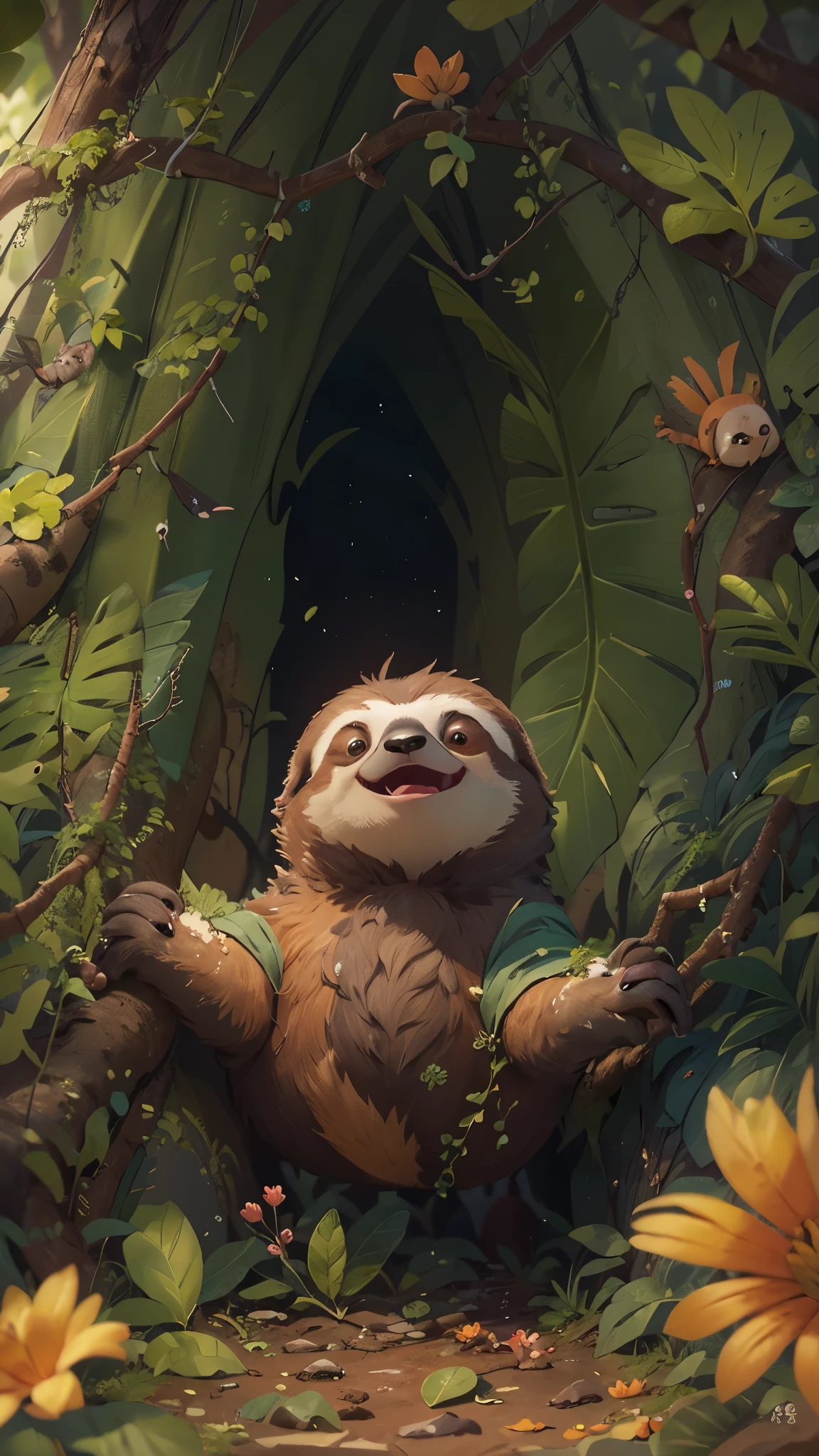 Front view of a cute sloth jumping out of a tree hole,It opens its mouth,close up, Pixar style, best quality, stills, very cute, big eyes, Birds and flowers around, Rainforest,Very happy,high details, high quality, masterpiece, ccurate, super detail,