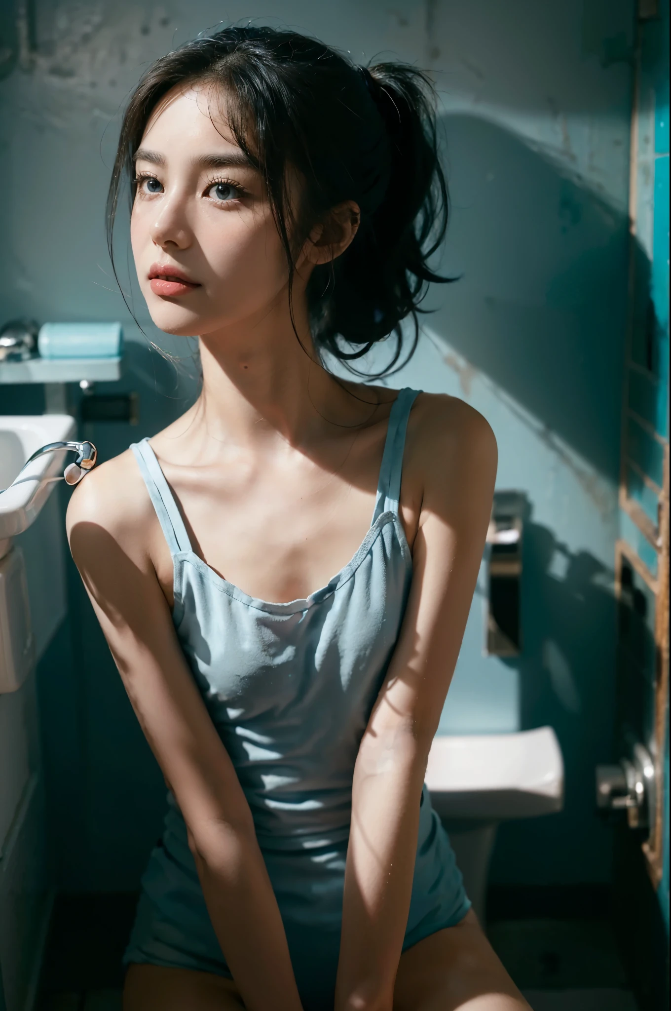 (black short ponytail:1.1),（Extremely meticulous CG 8k wallpaper），（Extremely refined and beautiful），（Masterpiece），（best qualtiy:1.0），（Ultra High Resolution:1.0),beautiful light up，Perfect lightning,realistic shaded，[A high resolution],(Smooth and flawless fair skin:1.5),Extremely exquisite facial details，ultra - detailed,A  girl,small head,dawn,dim light,at home,in toilet,teal wall,(Next to the washbasin:1.3),small face,（perfect body:1.1）,small breasts，flat chest，slim,(light blue tank top:1.3),(light blue :1.2),slender legs,(Sitting on the flush toilet:1.2),(upper body:1.2),(from front:1.2)
