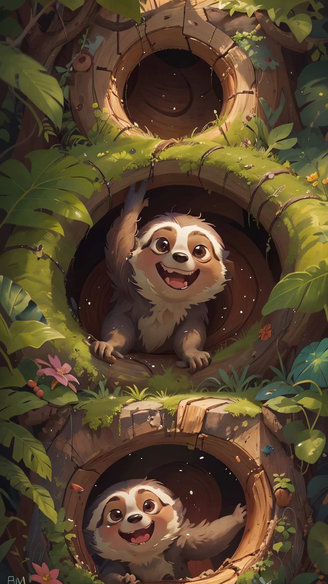 Front view of a cute sloth jumping out of a tree hole,It opens its mouth,close up, Pixar style, best quality, stills, very cute, big eyes, Birds and flowers around, Rainforest,Very happy,high details, high quality, masterpiece, ccurate, super detail,