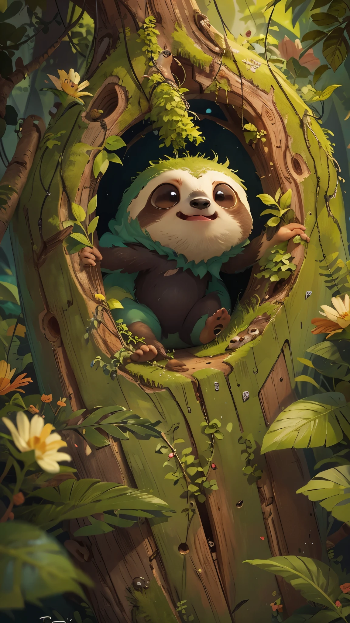 Front view of a cute sloth jumping out of a tree hole，It opens its mouth，close up, Pixar style, best quality, stills, very cute, big eyes,  Birds and flowers around,  Rainforest，Very happy，high details, high quality, masterpiece, ccurate, super detail，