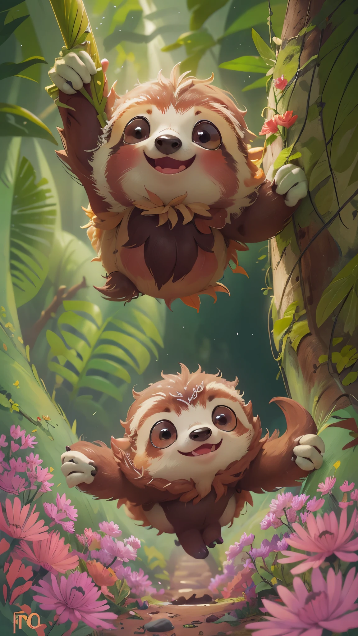 Front view of a cute sloth jumping out of a tree hole，It opens its mouth，close up, Pixar style, best quality, stills, very cute, big eyes,  Birds and flowers around,  Rainforest，Very happy，high details, high quality, masterpiece, ccurate, super detail，