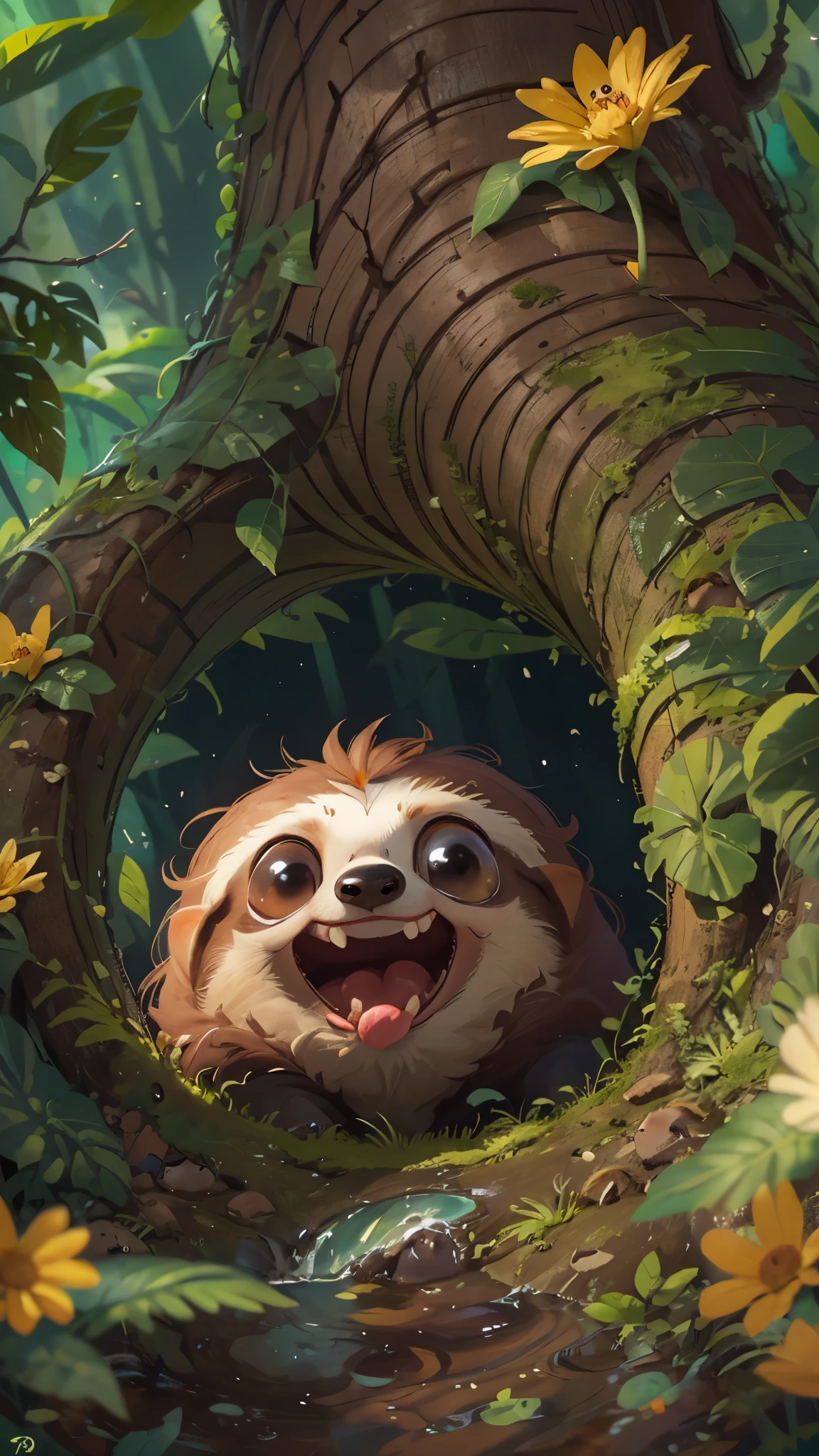 Front view of a cute sloth jumping out of a tree hole,It opens its mouth,close up, Pixar style, best quality, stills, very cute, big eyes, Birds and flowers around, Rainforest,Very happy,high details, high quality, masterpiece, ccurate, super detail,