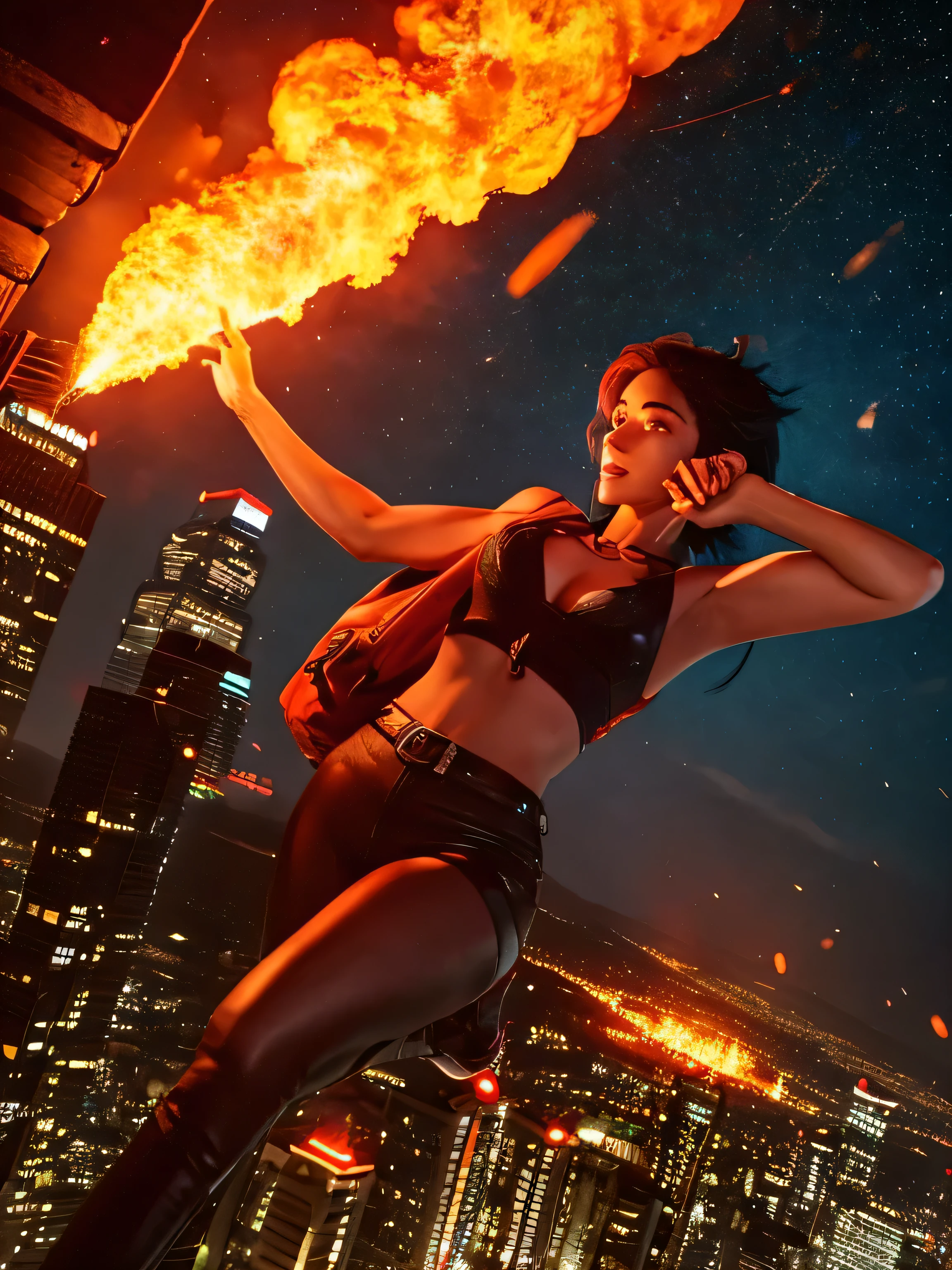 woman,Lina, short hair, flying over city, fire, red glow