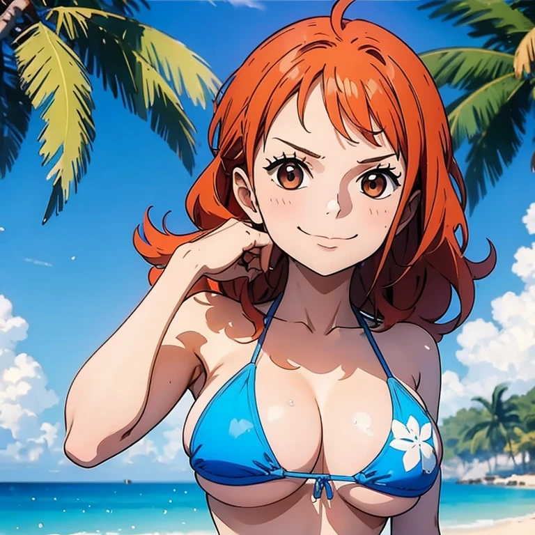 Girl with red hair and blue micro bikini,sentada na areia com uma pose sexy,seios grandes.