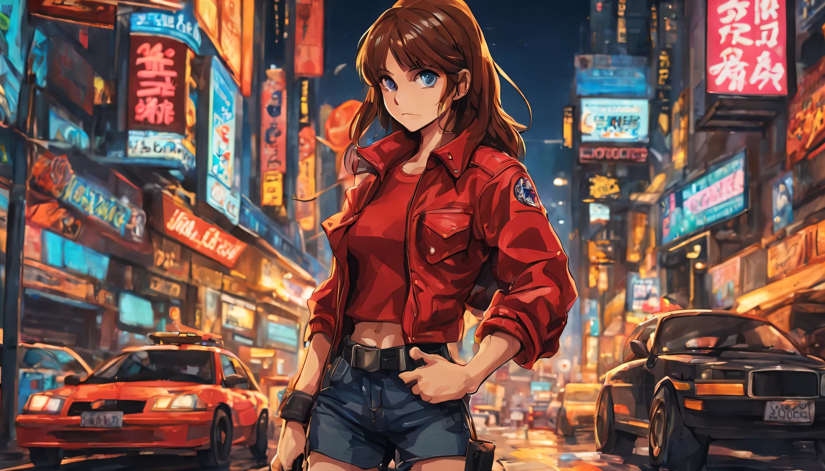 Estilo anime 2D, Mulher com cabelo castanho longo, olhos azuis, vestindo top vermelho, minissaia vermelha, cinto pendurado nos quadris, black leather jacket with sleeves rolled up to the elbows, martial arts training glove on hands, botas de couro vermelho, brincos de argola de ouro, personagem muito parecido com Blaze do jogo Sega Genesis "Streets of fury", she is next to a police car in a big city at night, there are advertisements and neon signs, it just rained in the area