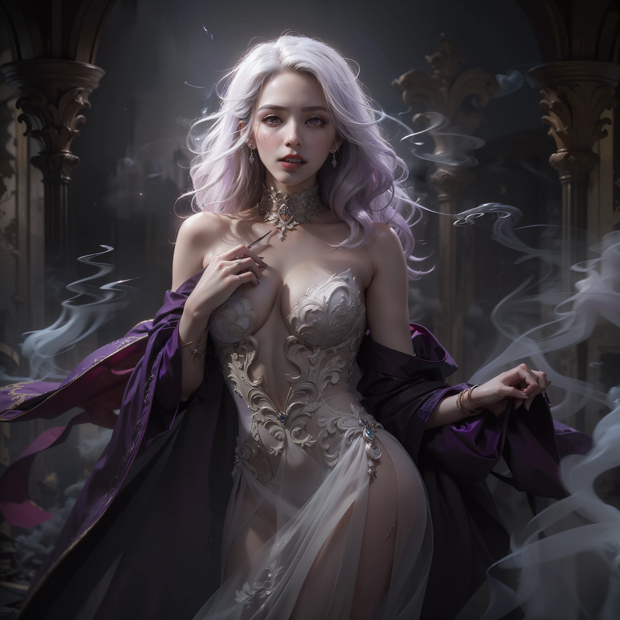 (award-winning masterpiece galore, incredibly detailed, textures and maximum detail), (hyper realistic:1.4), (realistic:1.3), (full body image:1.7), (upper body close-up:0.3), (top quality realistic textured skin), (vampire)、 (2 thick, long, sharp vampire teeth protruding from lips: 1.7), (fine, circular, symmetrical eyes), (fine, beautiful face: 1.6), (aesthetic and decadent image: 1.6), (pale but fair skin and face: 1.6), (decadent and delicately made accessories: 1.6), (decadent and delicately made accessories: 1.6) (Elegant, finely carved medieval rooms and furniture: 1.8), (Bioluminescent bright red eyes: 1.7), (Degenerate beauty: 1.6), (Red eyes with strong red light from inside: 1.7), (Wedding dress is quite damaged, but the dress is elegant and delicately made: 1.6), (Elegant, beautiful skin and face: 1.6), (Wedding gown is quite damaged, but the dress is elegant and delicately made: 1.6), (Elegant, beautiful face: 1.6), (Elegant, beautiful face: 1.7), (Wedding dress is quite damaged, but the dress is elegantly made: 1.6) (Wedding dress is quite damaged, but elegantly and delicately made: 1.8), (Elegant and extravagantly made accessories: 1.8), (Less skin showing: 1.5), (Strong moonlight coming from outside: 1.7), ((dramatic photo)), ((cinematic light)), (Full body portrait: 1.7), (Looking up ), (looking down), (dramatic pose), (smoke effect and mesmerizing light:1.6), beautiful white hair, beautiful silver hair, beautiful blond hair, wind effect, (purple smoke drifting: 1.5), ruins of old castle, royal crypt, (dilapidated mansion: 1.6), ((dark night, night with full moon, new moon)), epic realistic, faded, ((neutral colors)), art, (HDR:1.5), (muted colors:1.2), highly detailed, (art station:1.5), cinematic, warm light, light effects, dramatic light, (complex details:1.1), complex background, (greg latkowski:0.8), (teal and Orange:0.4), Complex background