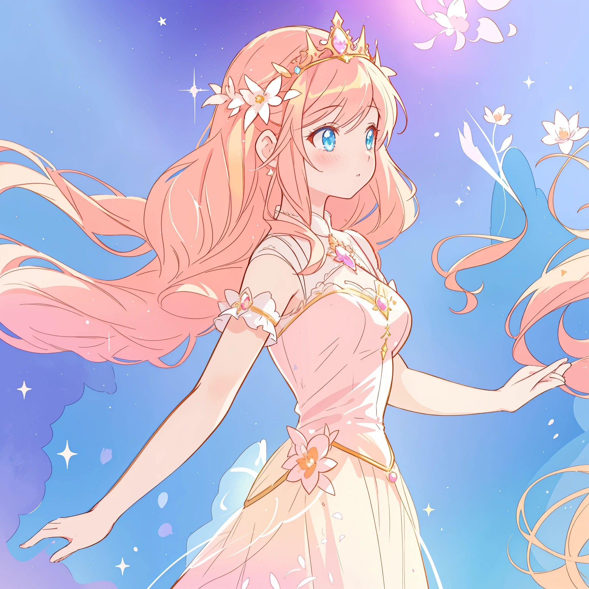 beautiful girl in pale pink puffy layered ballgown, princess, sparkling white tiara, long peach and golden hair, watercolor illustration, inspired by Glen Keane, inspired by Lois van Baarle, disney art style, by Lois van Baarle, glowing aura around her, by Glen Keane, jen bartel, glowing lights! digital painting, flowing glowing hair, glowing flowing hair, beautiful digital illustration, fantasia otherworldly landscape plants flowers, beautiful, masterpiece, best quality, anime disney style