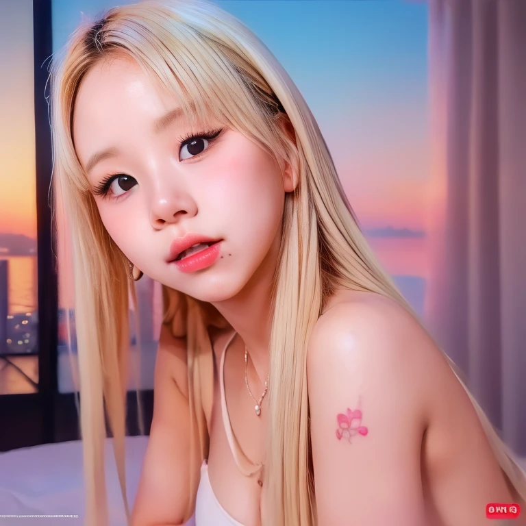 Chaeyoung from Twice, chubby body, porcelain skin, beautiful eyes, plump lips, no underwear, selfie, very close up selfie, on the bed, weather and atmosphere at night, with the view of the city behind, sitting, long hair, tattooed, cheeks pink, smoking, high quality, ultra realism, 8K Ultra HD Quality, ((masterpiece))