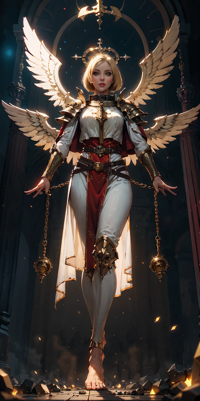 low angle, from below, paladin templar lady in white tabard, legwear, glowing yellow eyes, collar, golden chainmail, wide hips, barefoot, angel wings, pauldrons, halo, bob cut, blonde, eye focus, red cape, temple indoors, decorations, stained glass windows, night, particles, chromatic aberration, detailed, cinematic, dark scene, fantasy