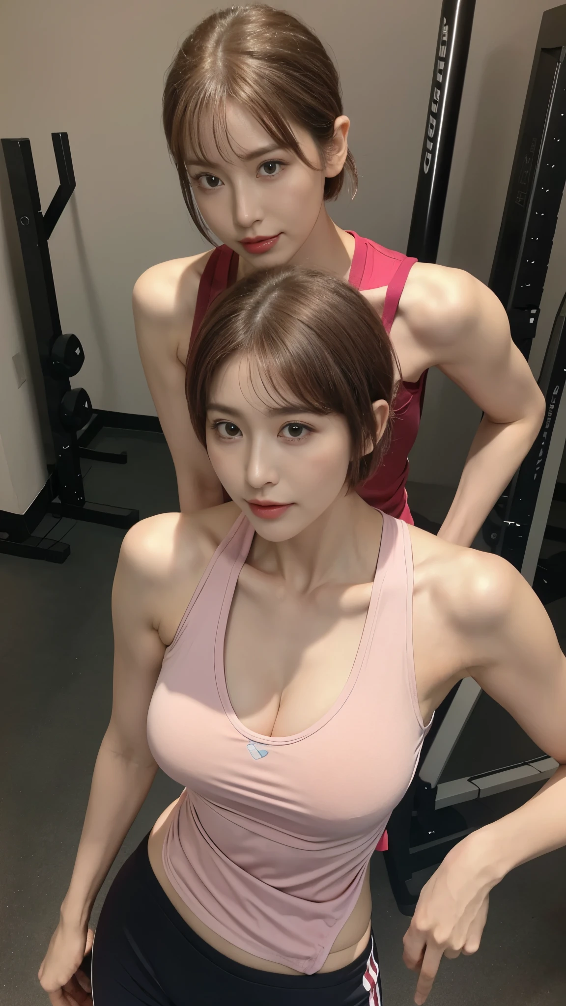 Highly detailed CG Unity 8k wallpaper, of the highest quality, masutepiece, Realistic, photographrealistic, Highly detailed beautiful woman, 42 year old,((Bery short hair))、(((Large breasts)))、cleavage , (get sweaty) , Round eyes, ((You can see the shape of the nipple through the clothes))、Realistic female hands、viewer, blush, Smile, ((Tall pretty woman))、Parted lips, full body photographed , Tank top , Lewd sportswear ,((Muscle training))、 squatt, (((Thin sportswear)))、sports gym、erect through、Muchimuchi