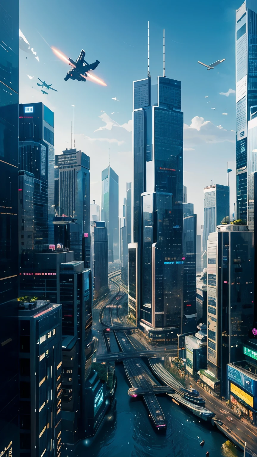 Futuristic Cityscape: Create a detailed digital illustration of a bustling metropolis within the metaverse. Show futuristic skyscrapers, flying vehicles, and bustling streets teeming with avatars engaged in various activities.